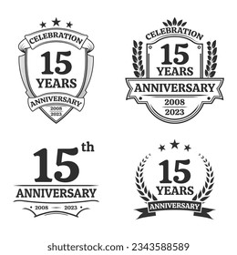 15 years anniversary icon or logo set. Vintage birthday banner design. 15th anniversary jubilee celebration badge or label collection. Vector illustration.