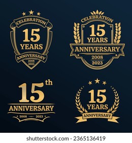 15 years anniversary icon or logo set. Vintage birthday banner design. 15th anniversary jubilee celebration golden badge or label collection. Vector illustration.