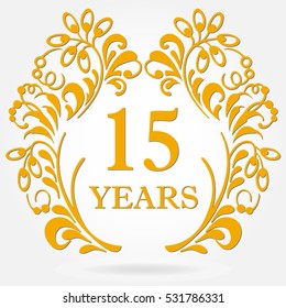 15 years anniversary icon in ornate frame with floral elements. Template for celebration and congratulation design. 15th anniversary golden label. Vector illustration.