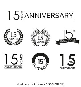 15 years anniversary icon set. 15th anniversary celebration logo. Design elements for birthday, invitation, wedding jubilee. Vector illustration.