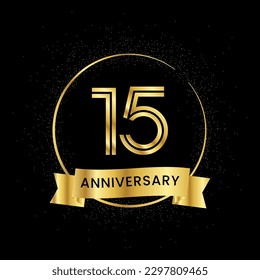 15 years anniversary inside a golden circle and glitter spread on a black background. Golden number anniversary