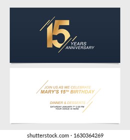 15 years anniversary invitation card vector illustration. Template design with golden color number and body copy for 15th birthday party invite