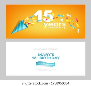 15 years anniversary invitation card vector illustration. Design template element with flapper for 15th birthday or marriage party invite