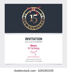 15 years anniversary invitation to celebration event vector illustration. Design element with  number and text for 15th birthday card, party invite 