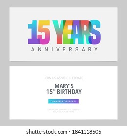 15 years anniversary invitation to celebration vector illustration. Graphic design element with multicolored composition for 15th birthday card, party invite