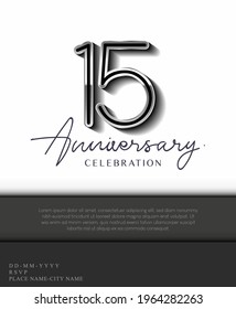 15 Years Anniversary Invitation and Greeting Card Silver Colored with Flat Design and Elegant, Isolated on white Background. Vector illustration.