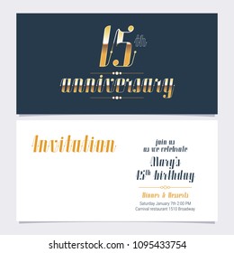 15 years anniversary invitation  vector illustration. Design template element with golden number and bodycopy for 15th birthday card, party invite 