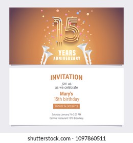 15 years anniversary invitation vector illustration. Graphic design element with golden number and confetti for 15th birthday card, party invite 