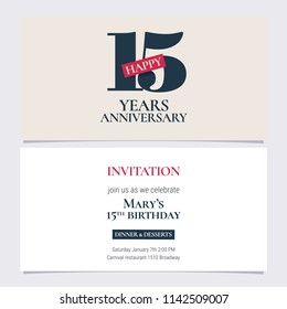 15 years anniversary invitation vector illustration. Graphic design template with elegant logo for 15th anniversary party or dinner invite 