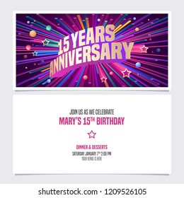 15 years anniversary invitation vector illustration. Graphic design element with bright fireworks for 15th birthday card, party invite 