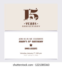 15 years anniversary invitation vector illustration. Design template element with elegant background for 15th birthday card, party invite 