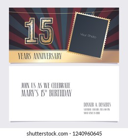 15 years anniversary invitation vector illustration. Graphic design element with photo frame  for 15th birthday card, party invite 
