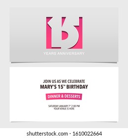 15 years anniversary invitation vector illustration. Design template element with modern style background for 15th birthday party invite 