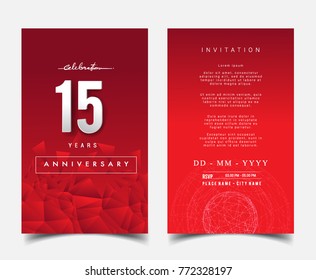 15 Years Anniversary Invitation/Greeting Card with Flat Design and Elegant, Isolated on Red Background. Vector illustration.