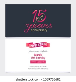 15 years anniversary invite vector illustration. Graphic design element for 15th birthday card, party invitation 