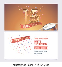 15 years anniversary invite vector illustration. Design element for 15th birthday card, party invitation with festive background 