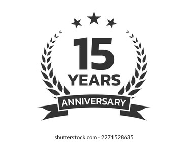 15 years anniversary laurel wreath logo or icon. Jubilee, birthday badge, label or emblem. 15th celebration design element. Vector illustration.