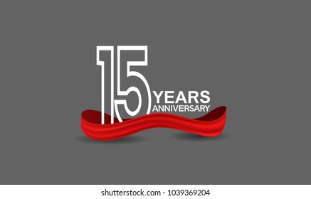 15 years anniversary line style white color with red color ribbon isolated on dark grey background