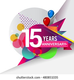 15 Years Anniversary logo with balloon and colorful geometric background, vector design template elements for your birthday celebration.