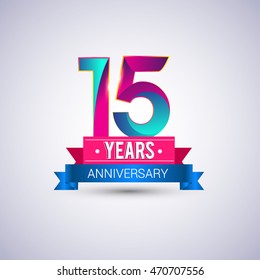 15 years anniversary logo, blue and red colored vector design