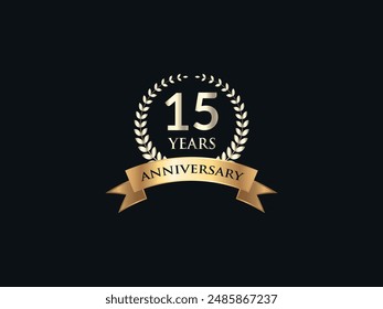 15 Years Anniversary Logo. Celebrating Success. Symbol of Eternal Achievement. Proud Heritage. Logo with Laurel Wreath and Ribbon. Years of Glorious Memories. Jubilee of Joy. Golden Celebratory Crest.