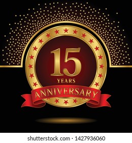 15 years anniversary logo celebration with ring and ribbon, on dark background, vector template.