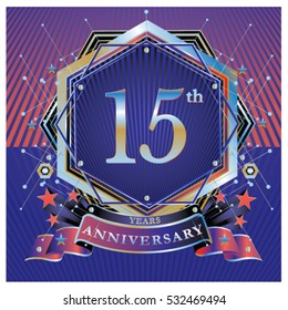 15 years anniversary logo celebration with ring and ribbon. Symbol and template for greeting card