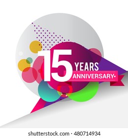 15 Years Anniversary logo with colorful geometric background, vector design template elements for your birthday celebration.