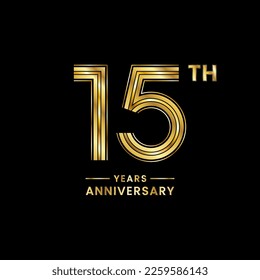 15 years anniversary logo design with golden numbers and text for anniversary celebration event, invitation, wedding, marriage, greeting card, banner, poster, flyer, brochure. Logo Vector Template