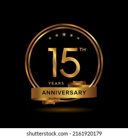 15 years anniversary logo with gold color and ribbon for booklet, leaflet, magazine, brochure poster, banner, web, invitation or greeting card. Vector illustrations.