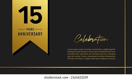 15 years anniversary logo with golden ribbon for booklet, leaflet, magazine, brochure poster, banner, web, invitation or greeting card. Vector illustrations.