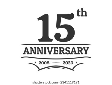 15 years anniversary logo, icon or label. 15th jubilee, birthday celebration vintage design template. Wedding, invitation card element. Vector illustration.