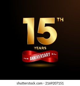 15 years anniversary logo with red ribbon for booklet, leaflet, magazine, brochure poster, banner, web, invitation or greeting card. Vector illustrations.