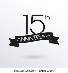 15 years anniversary logo with ribbon. 15th anniversary celebration label. Design element for birthday, invitation, wedding jubilee. Vector illustration.