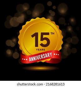 15 years anniversary logo with ribbon, golden Anniversary for booklet, leaflet, magazine, brochure poster, banner, web, invitation or greeting card. Vector illustrations.