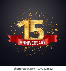 15 years anniversary logo template on dark background. Fifteenth celebrating golden numbers with red ribbon vector and confetti isolated design elements