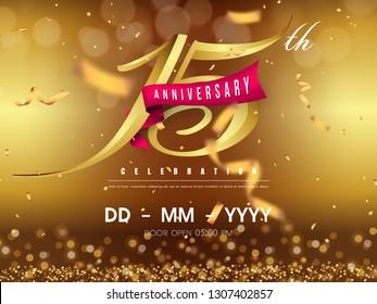 Plantilla del logo del aniversario de 15 años sobre fondo dorado. 15ª celebración de números dorados con elementos de diseño aislados de cinta roja vectorial y confetti