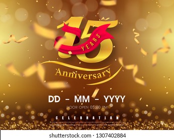 15 years anniversary logo template on gold background. 15th celebrating golden numbers with red ribbon vector and confetti isolated design elements