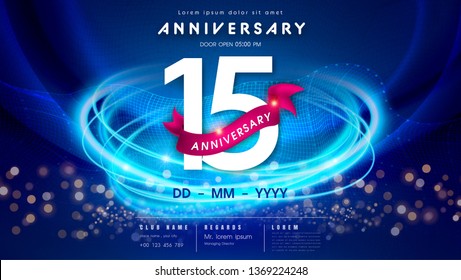 15 years anniversary logo template on dark blue Abstract futuristic space background. 15th modern technology design celebrating numbers with Hi-tech network digital technology concept design elements.