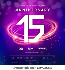 15 years anniversary logo template on purple Abstract futuristic space background. 15th modern technology design celebrating numbers with Hi-tech network digital technology concept design elements.