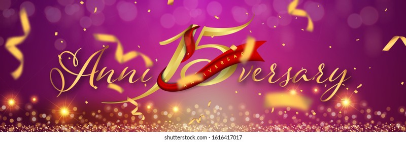15 years anniversary logo template on gold and purple background. 15th celebrating golden numbers with red ribbon vector and confetti isolated design elements
