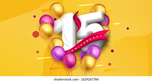 15 years anniversary logo template design on yellow background and balloons. 15th anniversary celebration background with red ribbon and balloons. Party poster, brochure template. Vector illustration.