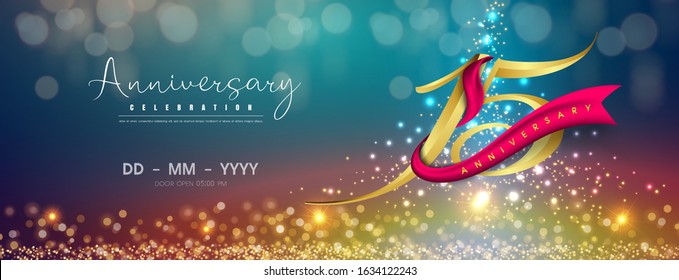 15 years anniversary logo template on gold and blue background. 15th celebrating golden numbers with red ribbon vector and confetti isolated design elements