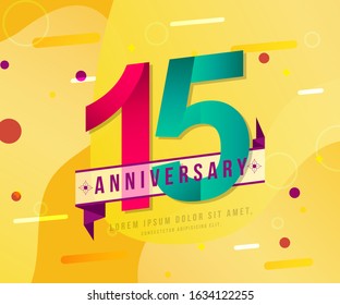 15 years anniversary logo template on yellow Abstract modern background. 15th modern background design celebrating numbers with colorful background concept design elements.