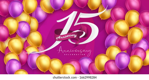 15 years anniversary logo template design on pink background and balloons. 15th anniversary celebration background with pink ribbon and balloons. Party poster or brochure template. Vector illustration