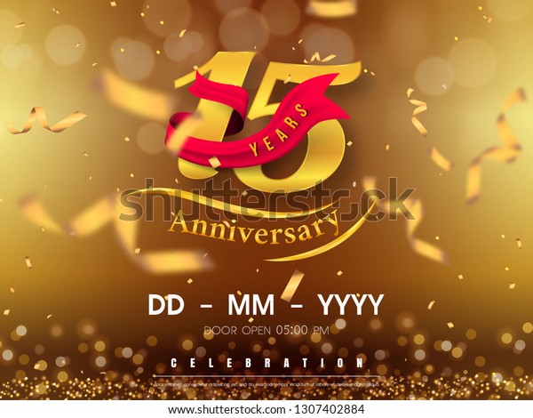 金色の背景に15周年記念のロゴテンプレート 赤いリボンベクター画像と紙吹雪で金色の数字を祝う15歳の人 のベクター画像素材 ロイヤリティフリー