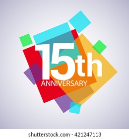 15 years anniversary logo, vector design birthday celebration with colorful geometric isolated on white background.