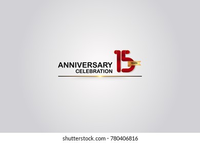  15 Years Anniversary Logotype with Elegant Red Color and Golden Ribbon Isolated on White Background