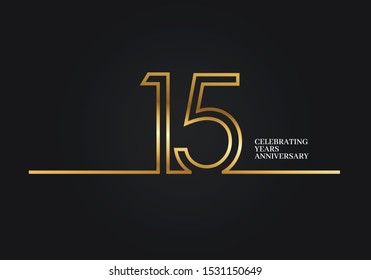 15 Years Anniversary logotype with golden colored font numbers made of one connected line, isolated on black background for company celebration event, birthday - Vector
