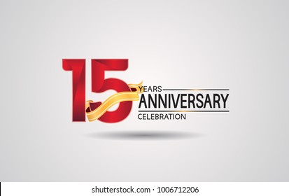 15 years anniversary logotype with red color and golden ribbon isolated on white background for celebration event